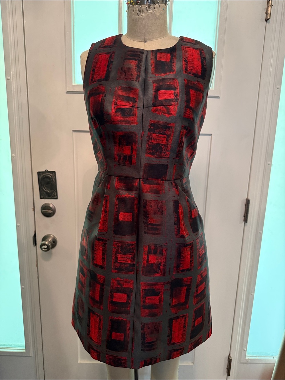 Milly Sleeveless Red and Black Geometric Shift Dress with Pockets 2 NWT